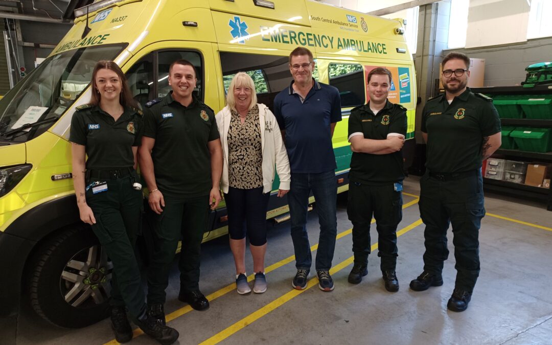 Wendy and Dave visit Reading Ambulance Station to say thank you to their lifesaving team