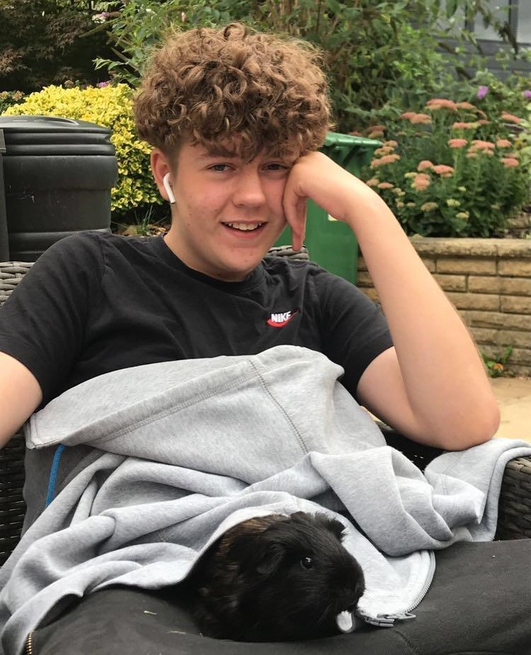 A teenage boy sitting in his garden at home with a guinea pig on his lap.